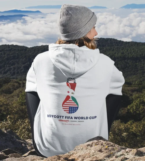 model wearing white Boycott Fifa Hoodie