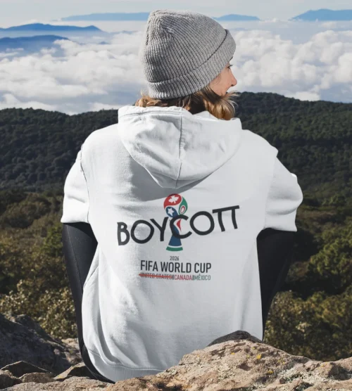 model wearing white Boycott Fifa Hoodie