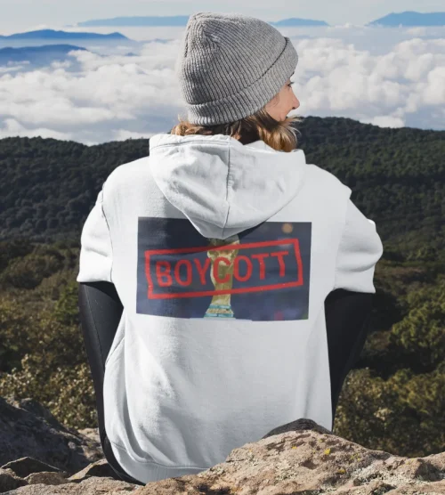 model wearing white Boycott Fifa Hoodie