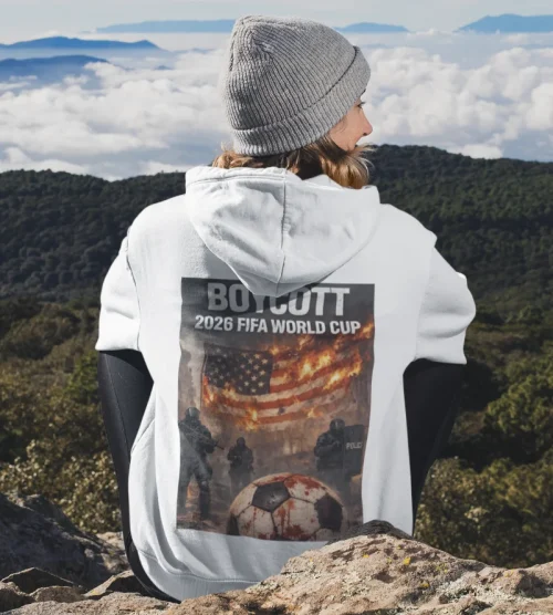 model wearing white Boycott Fifa Hoodie