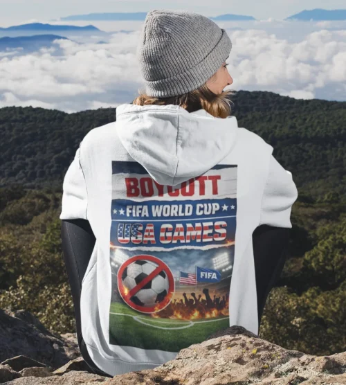 model wearing white Boycott Fifa Hoodie