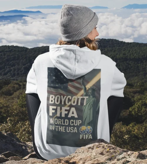 model wearing white Boycott Fifa Hoodie