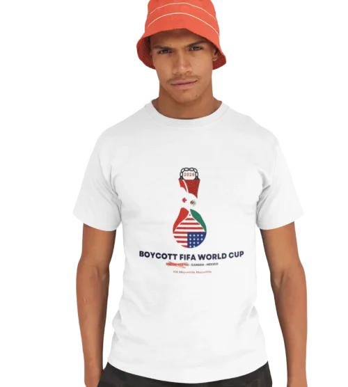 model wearing white boycott fifa t-shirt