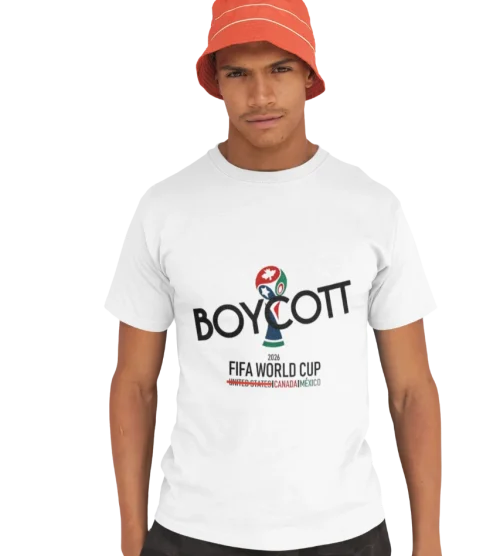 model wearing white boycott fifa t-shirt