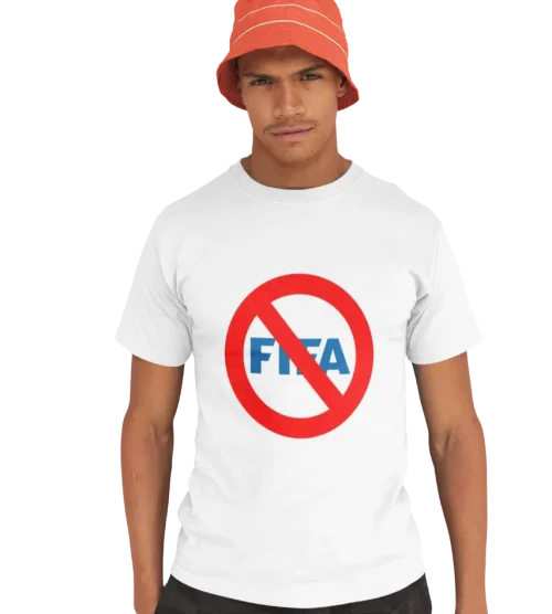 model wearing white boycott fifa t-shirt