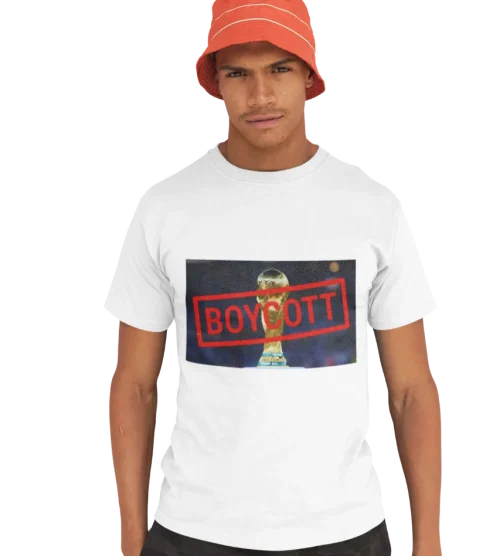model wearing white boycott fifa t-shirt