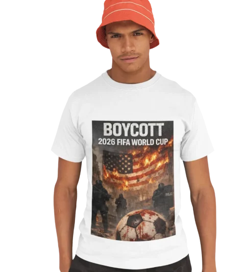 model wearing white boycott fifa t-shirt