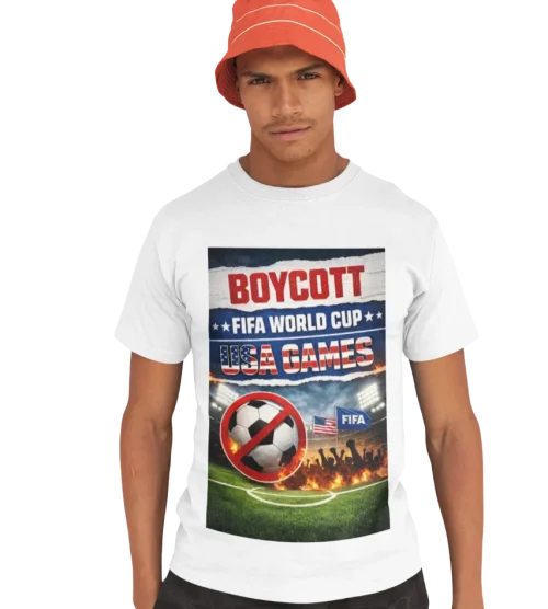 model wearing white boycott fifa t-shirt
