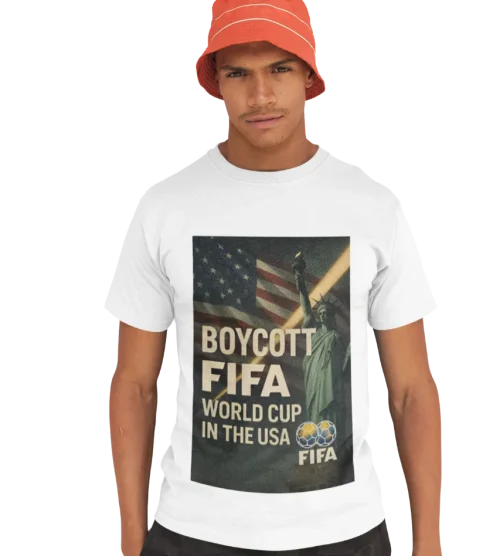 model wearing white boycott fifa t-shirt