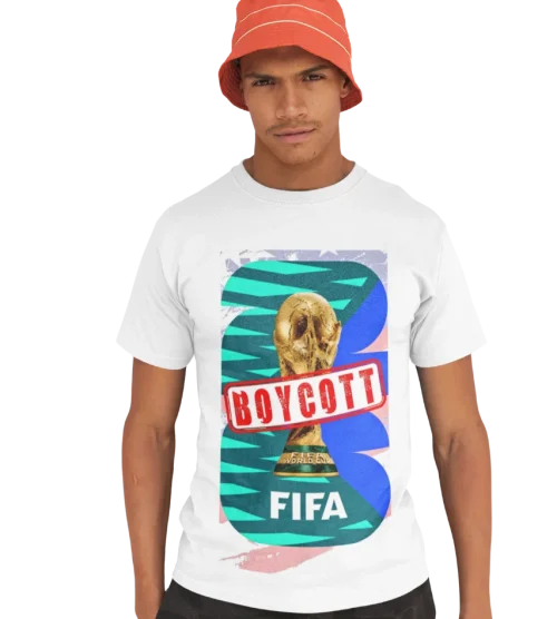 model wearing white boycott fifa t-shirt