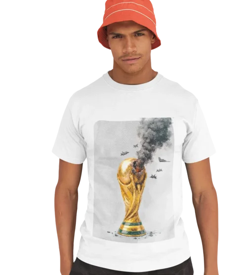 model wearing white boycott fifa t-shirt