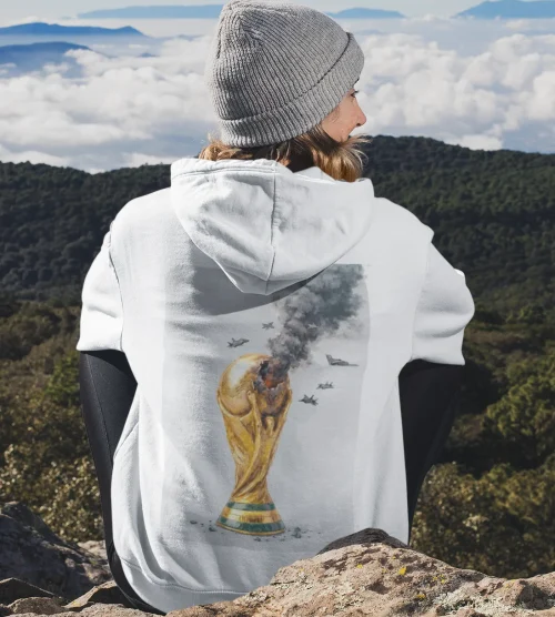 model wearing white boycott fifa hoodie